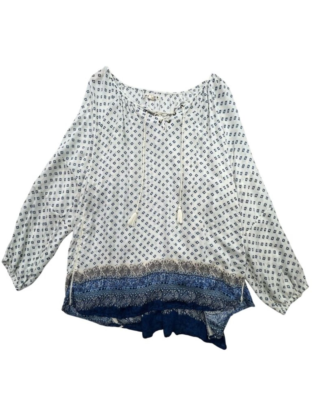Women's Tassel Neck Boho Blouse Long Sleeve Size 3X White Blue Printed